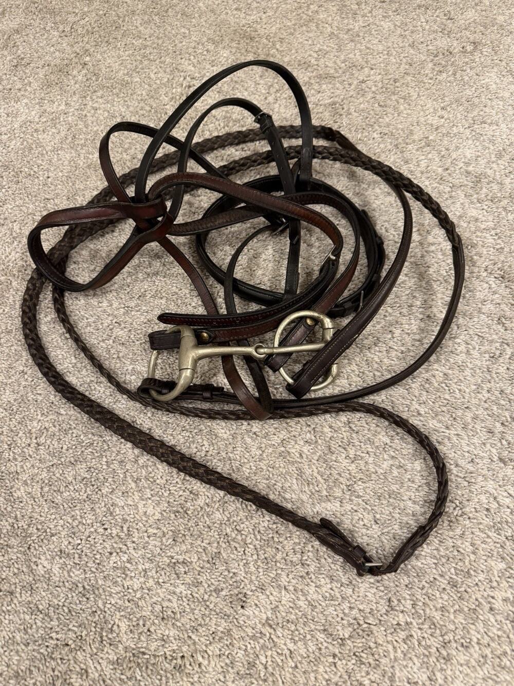 Vintage Crosby England Leather Horse Bridle Snaffle Bit Braided Reins Simco